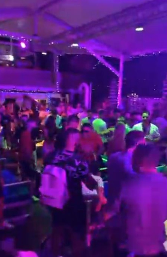 Footage shows a boat party appearing to get out of control as revellers danced despite pleas from organisers to “sit down”. Picture: Facebook