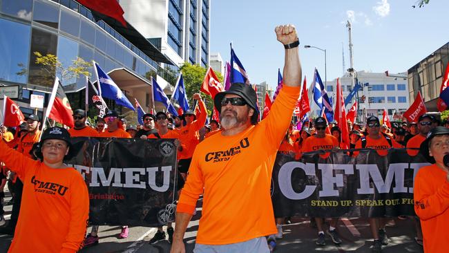 CFMEU members walk during the Labour Day march in Brisbane in May. Picture: NewsWire / Tertius Pickard