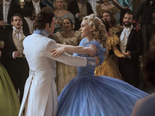 Difficult costumes ... Lily James and Richard Madden conquer the epic dance scene in Cinderella. Picture: Disney