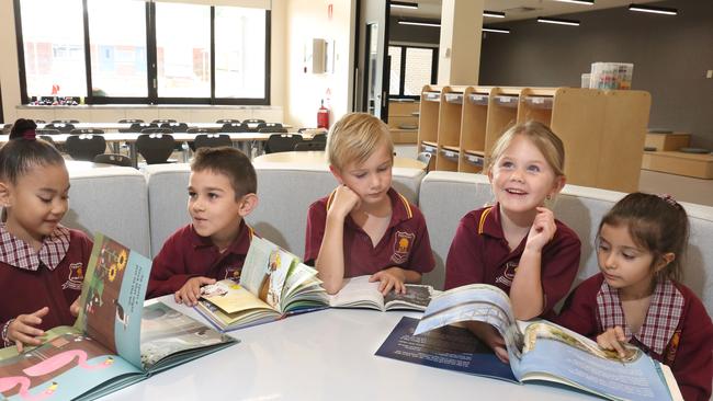 Students Mariah Mel, Melik Neaal, James Jurnic, Leila Fullerton and Lana Adam at Prestons Public School. Picture: Robert Pozo