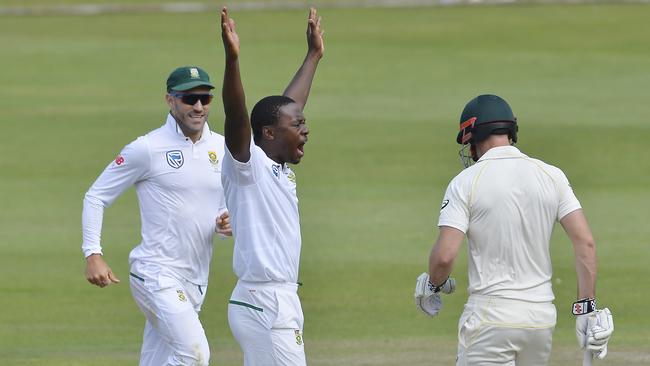 Rabada let the Aussie batsmen know he was on top. Picture: Getty