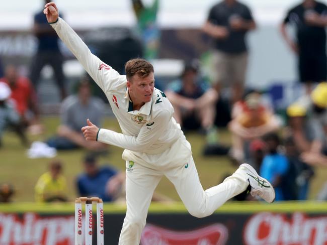 GALLE, SRI LANKA - FEBRUARY 01: Matthew Kuhnemann of Australia bowls during day four of the First Test match in the series between Sri Lanka and Australia at Galle International Stadium on February 01, 2025 in Galle, Sri Lanka.  (Photo by Buddhika Weerasinghe/Getty Images)