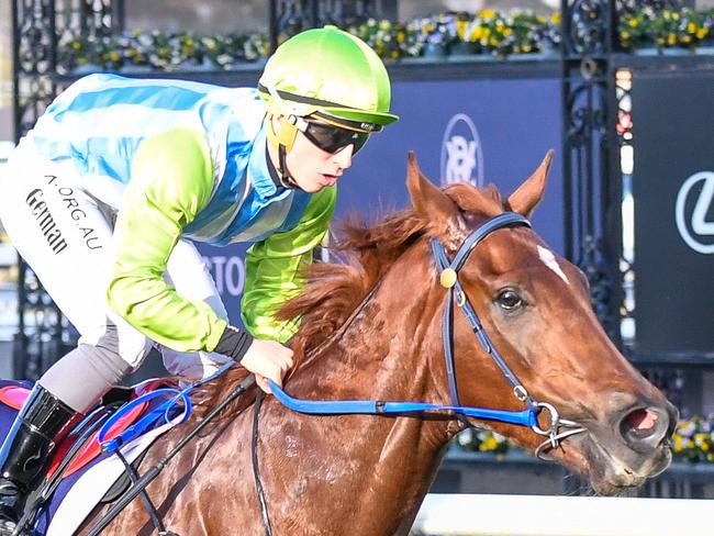 Jockey Lewis German rides Front Page to victory in race 7, the A.r. Creswick Stakes, during Country Race Day at Flemington Racecourse in Melbourne, Saturday, June 20, 2020. (AAP Image/Supplied by Reg Ryan, Racing Photos) NO ARCHIVING, EDITORIAL USE ONLY