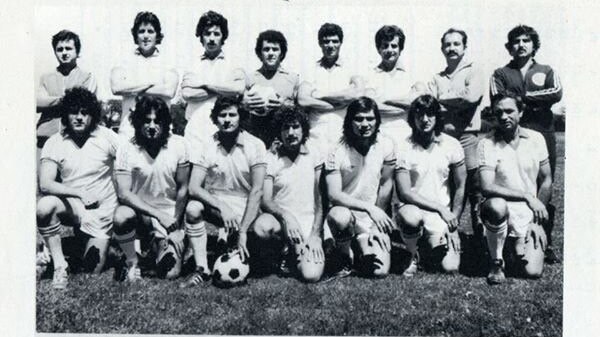 Adelaide Olympic’s original 1979 team, known as Adelaide Asteras, featuring Chris Despotakis (front left) and Chris Tertipis (front right). Picture: Supplied