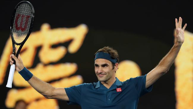 Roger Federer celebrates his victory over Denis Istomin. Picture: AAP