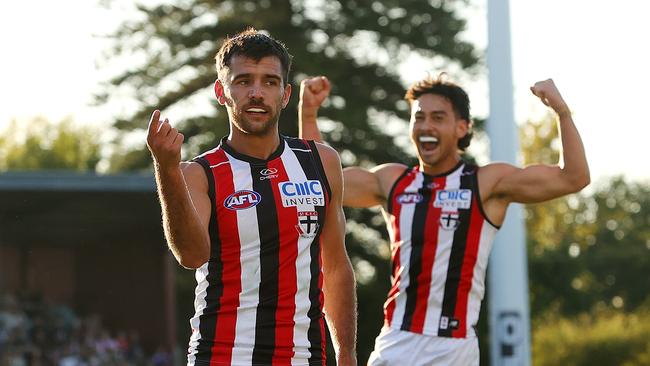 Riley Bonner celebrates a Gather Round goal. (Photo by Sarah Reed/AFL Photos via Getty Images)