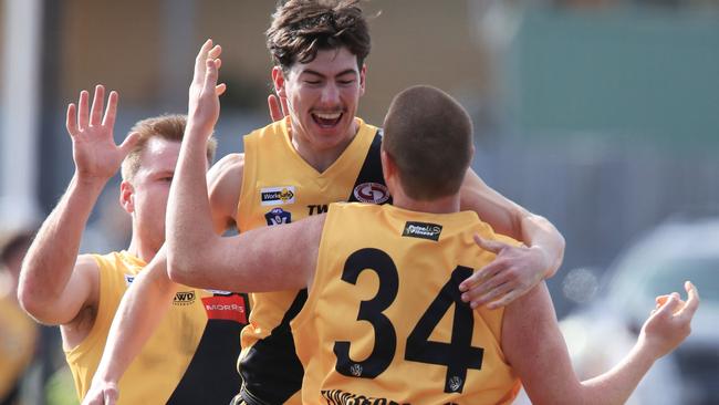 Bannockburn’s Bailey Rathje and Zac Justin celebrate a goal during the 2024 season. Picture: Mark Wilson