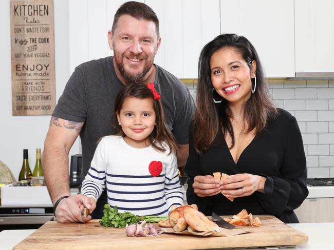 Celebrity chef Manu Feildel with his wife Clarissa Feildel, far right, and their daughter, Charlee, ahead of Mother’s Day. Picture: Richard Dobson