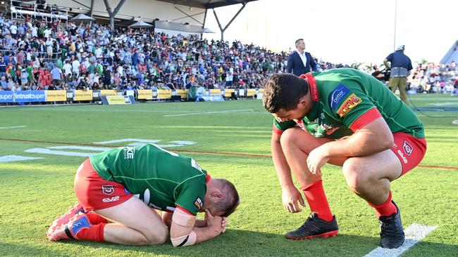 BRISBANE, AUSTRALIA - OCTOBER 10: Sam Scarlett of the Seagulls is dejected after his team loses the 2021 QRL Intrust Super Cup Grand Final match between the Norths Devils and the Wynnum-Manly Seagulls at Moreton Daily Stadium on October 10, 2021, in Brisbane, Australia. (Photo by Bradley Kanaris/Getty Images)