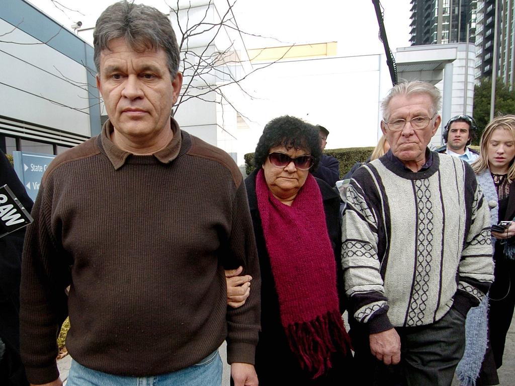 Joe Korp’s brother Gust, mother Florence and father Augustine at a coronial inquest into his and Maria’s deaths.