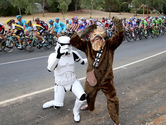 Star Wars characters in Williamstown cheer on the peloton. Picture: Sarah Reed.