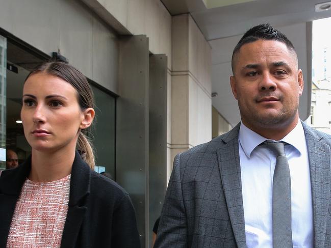 SYDNEY, AUSTRALIA - NewsWire Photos: MARCH 22 2023 - Former NRL star Jarryd Hayne is seen leaving JMT Court in Sydney with his wife Amelia Bonnici, as the Trial continues at the JMT/ Downing Centre. Hayne is accused of sexually assaulting a woman at her Newcastle home on grand final night in 2018.  Picture: NCA Newswire / Gaye Gerard