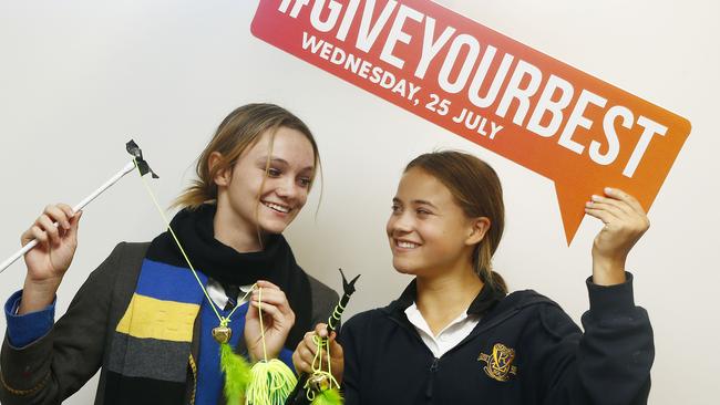 DoSomething Day 2018 L to R: Kambala Students L to R:  Sunny Salt and Lara Finlayson  with the cat toys they made  for use at Sydney Dogs and Cats Home as part of the Kids Giving back program. Picture: John Appleyard