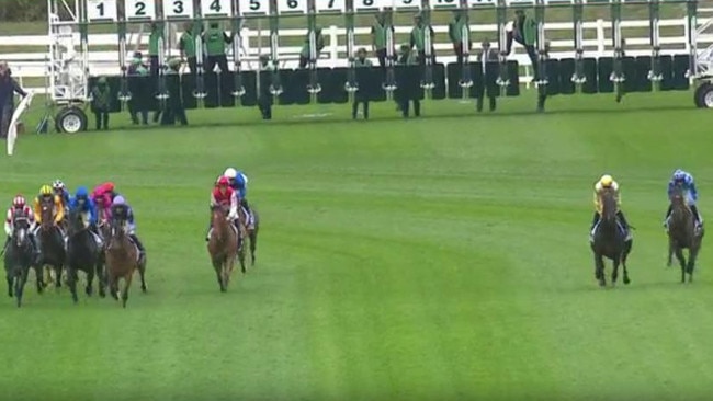 Major Beel (yellow) and Pride Of Jenni out wide at the start of the King Charles III Stakes at Royal Randwick.