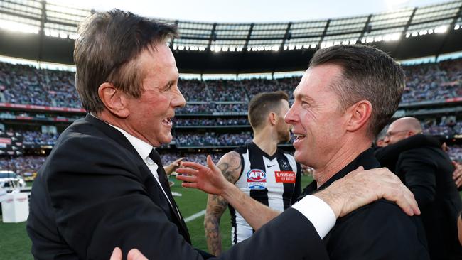 MELBOURNE, AUSTRALIA - SEPTEMBER 30: Collingwood President Jeff Browne and Craig McRae, Senior Coach of the Magpies celebrate during the 2023 AFL Grand Final match between the Collingwood Magpies and the Brisbane Lions at the Melbourne Cricket Ground on September 30, 2023 in Melbourne, Australia. (Photo by Dylan Burns/AFL Photos via Getty Images)