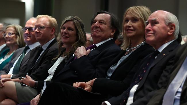 Lucy Turnbull, left, Paul Whittaker, Penny Fowler, Barry Humphries, wife Lizzie Spender and John Howard at the Bill Leak memorial. Picture: John Feder