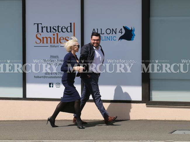 Bruce Lehrmann and solicitor Zali Burrows spotted in Hobart on 22 October 2024. Picture: Elise Kaine