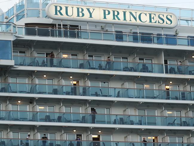 WOLLONGONG, AUSTRALIA - APRIL 23: The Ruby Princess cruise ship departs from Port Kembla on April 23, 2020 in Wollongong, Australia. Australian Border Force has ordered the Ruby Princess to depart Australian waters today, as two separate inquiries continue over how the ship's 2700 passengers were allowed to disembark in Sydney in March without adequate health checks during the coronavirus (COVID-19) pandemic. A special commission of inquiry has been established by the NSW government over the handling of the Ruby Princess' arrival into Sydney on 19 March, while NSW Police are also conducting a separate criminal investigation. There are now 21 deaths linked to the Ruby Princess along with more than 600 confirmed coronavirus (COVID-19) cases.  (Photo by Mark Metcalfe/Getty Images)