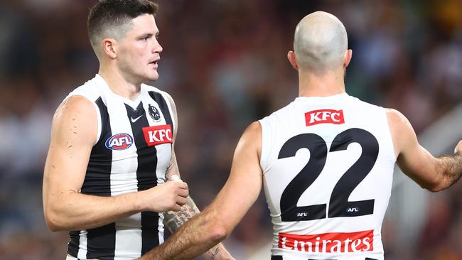 BRISBANE, AUSTRALIA - APRIL 06: Jack Crisp of the Magpies looks on during the round four AFL match between Brisbane Lions and Collingwood Magpies at The Gabba, on April 06, 2023, in Brisbane, Australia. (Photo by Chris Hyde/AFL Photos/via Getty Images )