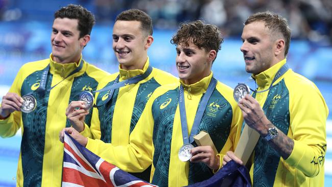 NANTERRE, FRANCE - JULY 27: Silver Medalists, Jack Cartwright, Flynn Southam, Kai Taylor and Kyle Chalmers of Team Australia pose with their medals following the Medal Ceremony after the Men's 4x100m Freestyle Relay Final on day one of the Olympic Games Paris 2024 at Paris La Defense Arena on July 27, 2024 in Nanterre, France. (Photo by Al Bello/Getty Images)