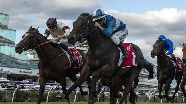 Stylish Secret (right) winning the Victoria Derby Preview at Flemington. Picture: Vince Caligiuri/Getty Images