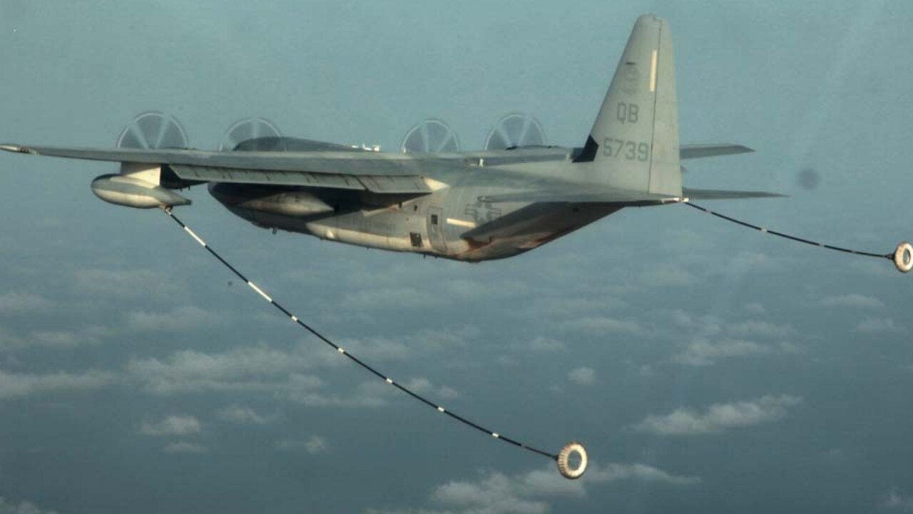 A KC-130 Hercules with its fuel lines extended. An aircraft similar to this has collided with a F/A-18D off the coast of Japan. Picture: US Marines