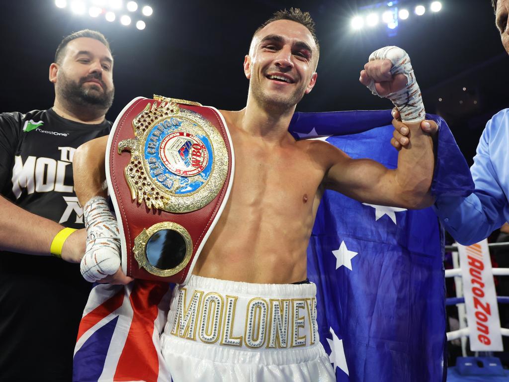 Jason Moloney celebrates after defeating Vincent Astrolabio during their WBO bantamweight championship fight at Stockton Arena in May. Picture: Mikey Williams