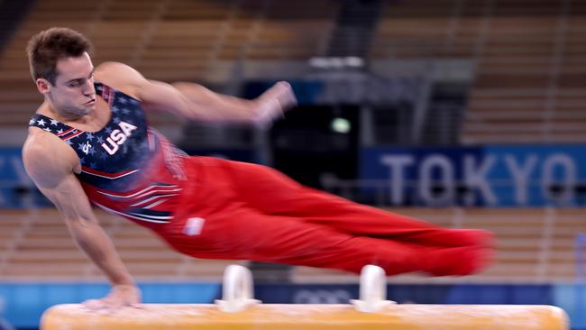 Sam Mikulak of Team USA, on the pommel horse during a practice session at the Tokyo 2020 Olympic Games, said covid had taken a hefty mental toll. Picture: Getty Images