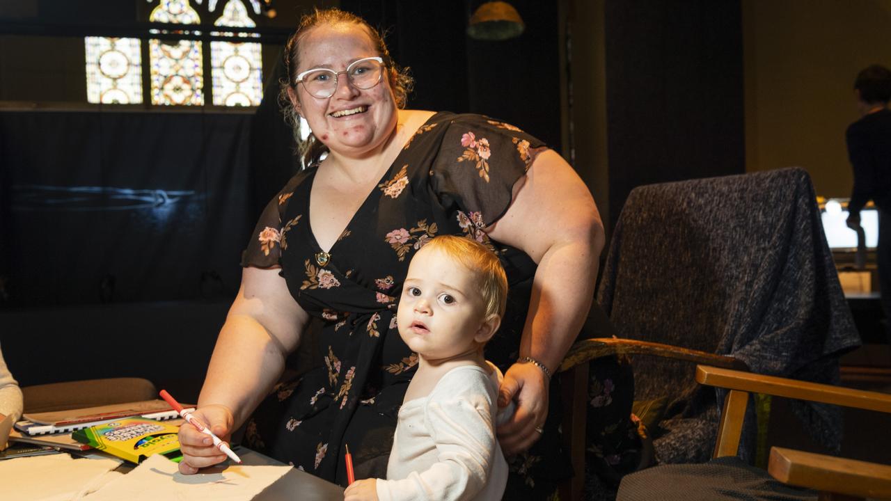 Lisa Purcell with baby Elliott Purcell in the Garden of Curiosity of the Curious Arts Festival at Empire Theatres, Saturday, April 2, 2022. Picture: Kevin Farmer