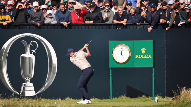 Rory McIlroy tees off on the eighth hole in the openin g round at Royal Liverpool. Picture: Getty Images.