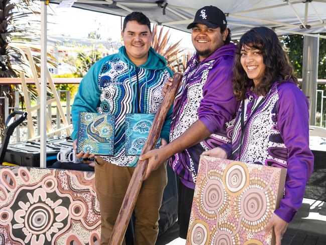 Tending the KJH Artworks stall are (from left) Jivarhn Hill, Jakiah Hill and Sarima Chong at the NAIDOC arts and craft market at Grand Central, Saturday, July 9, 2022. Picture: Kevin Farmer