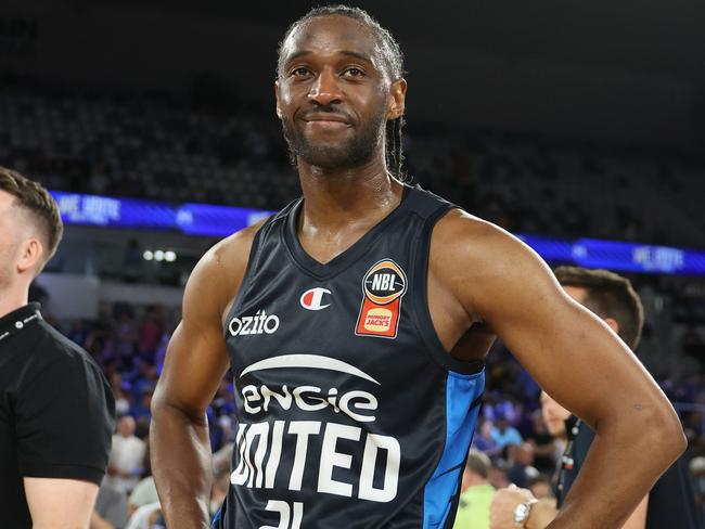 MELBOURNE, AUSTRALIA - MARCH 04: Ian Clark of United celebrates after winning game three of the NBL Semi Final Series between Melbourne United and Perth Wildcats at John Cain Arena, on March 04, 2025, in Melbourne, Australia. (Photo by Daniel Pockett/Getty Images)