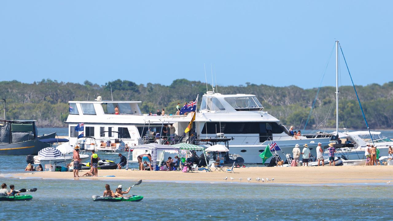 Plenty of boaties park up to enjoy some Australia Day fun at Wave Break Island. Pics Adam Head