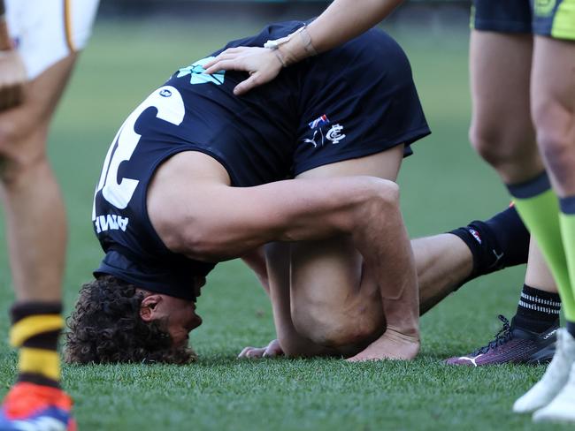 Charlie Curnow of the Blues in pain. Picture: Mark Stewart