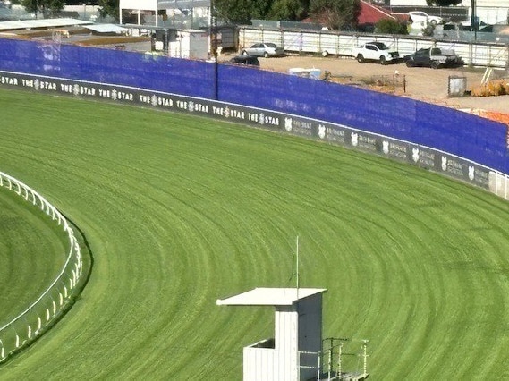 First pictures of the new 'sight screen' at Eagle Farm, which is meant to stop horses shying at a building at the point of the home turn - Photo Supplied