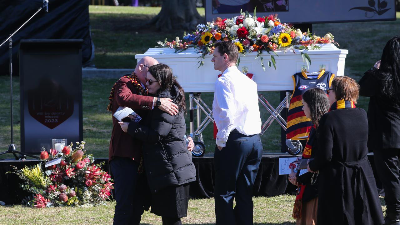 Kyah’s best friend Jessyka Old hugs Mr McBride after her speech. Picture: NCA NewsWire / Gaye Gerard