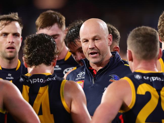 ADELAIDE, AUSTRALIA - JUNE 06: Matthew Nicks, Senior Coach of the Crows during the 2024 AFL Round 13 match between the Adelaide Crows and the Richmond Tigers at Adelaide Oval on June 06, 2024 in Adelaide, Australia. (Photo by Sarah Reed/AFL Photos via Getty Images)