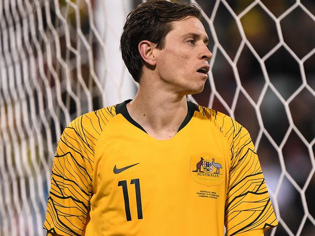 Craig Goodwin of Australia reacts during the FIFA World Cup Asian Qualifiers match between the Australian Socceroos and Nepal at GIO Stadium in Canberra, Thursday, October 10, 2019. (AAP Image/James Gourley) NO ARCHIVING, EDITORIAL USE ONLY.