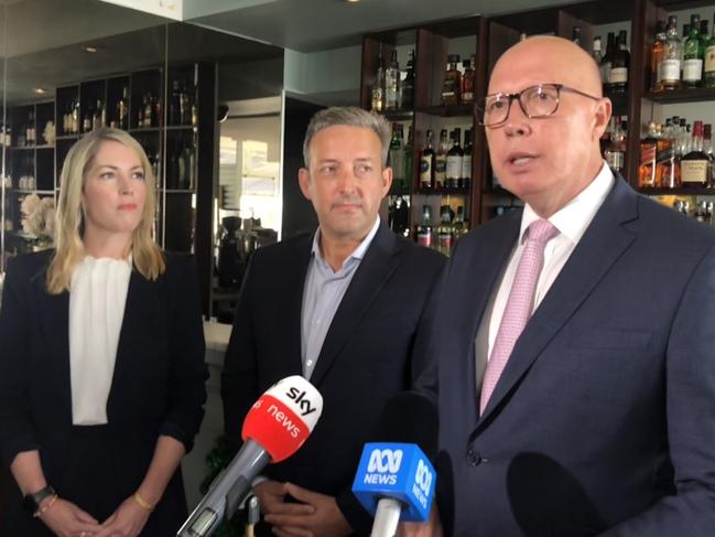 Federal Opposition leader Peter Dutton (right) with the Liberal candidate for Warringah, Jaimee Rogers and Liberal candidate for Mackellar, James Brown, after a meet the voters pre-election roundtable held at the Stella Blu Italian restaurant in Dee Why on November 4. Picture: Rourke
