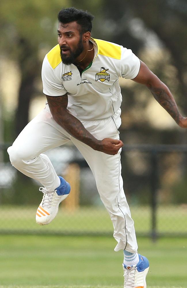 Malith Cooray bowling for Westmeadows.