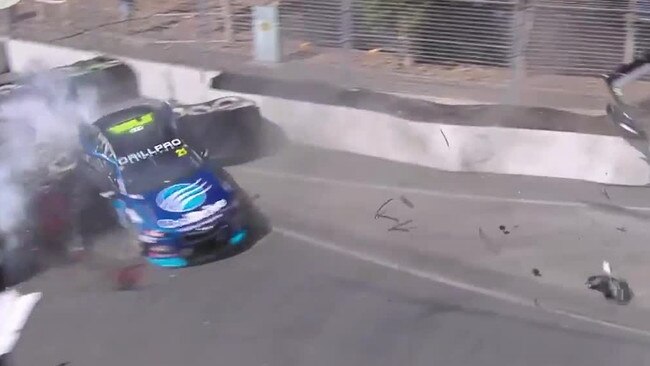 Driver Macauley Jones ploughs into a tyre wall in practice for the Adelaide 500.