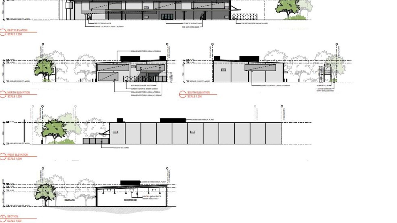 Elevations by Red Dog Architects of what the proposed retail showroom would look like.