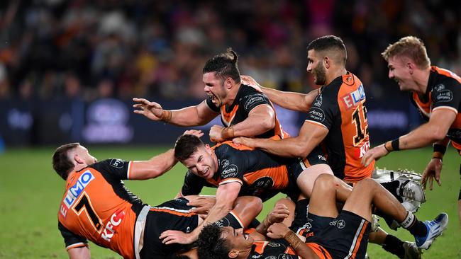 Wests Tigers produced a stunning upset in Round 6, with Jackson Hastings kicking a field goal in the dying seconds. Picture: NRL Images