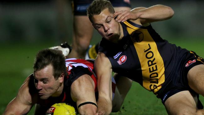 2/8/14 -SANFL: Glenelg v West Adelaide at Glenelg - Shannon Green and Riley McFarlane Picture Simon Cross