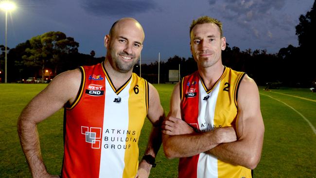 15.5.2014. Goodwood footballers Luke Donaldson and Shane Tuck at Goodwood Oval. photo: Sam Wundke