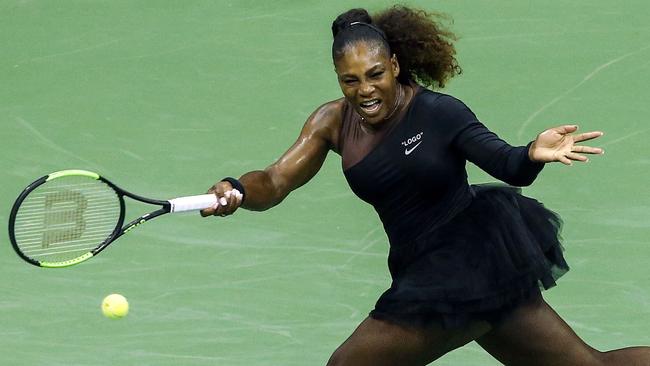 Serena Williams on court during her match against Magda Linette, wearing a tutu dress designed by Nike and Louis Vuitton’s Virgil Abloh. (Pic: Eduardo Munoz Alvarez/AFP)