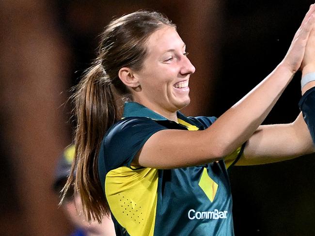 BRISBANE, AUSTRALIA - OCTOBER 05: Darcie Brown of Australia celebrates taking the wicket of Chinelle Henry of the West Indies during game three of the T20 international series between Australia and the West Indies at Allan Border Field on October 05, 2023 in Brisbane, Australia. (Photo by Bradley Kanaris/Getty Images)