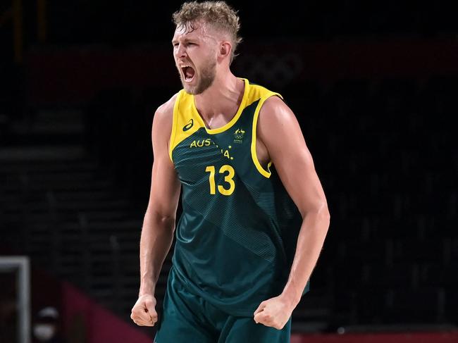 An energised Jock Landale delivered for the Boomers. Picture: AFP