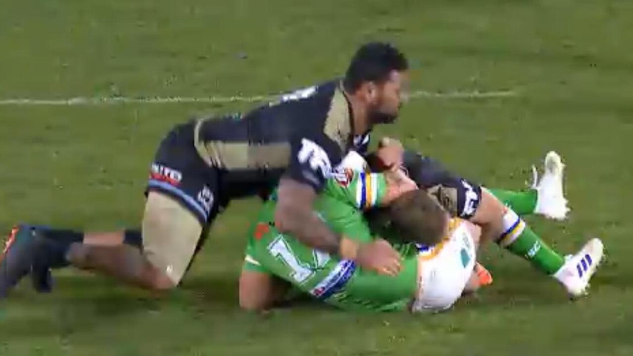 Cronulla's Andrew Fifita has been charged for this tackle against Canberra. Fox Sports