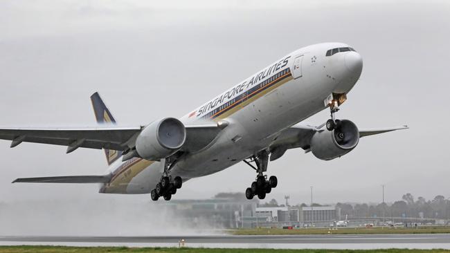 Singapore Airlines' Boeing 777-200 taking off from Canberra Airport on its maiden Capital Express voyage. Picture: Paul Sadler